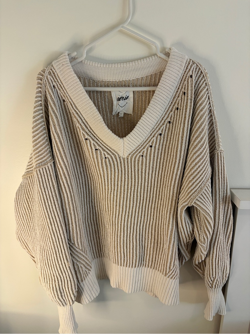 aerie Neutral Two-Tone Ribbed V-Neck Sweater